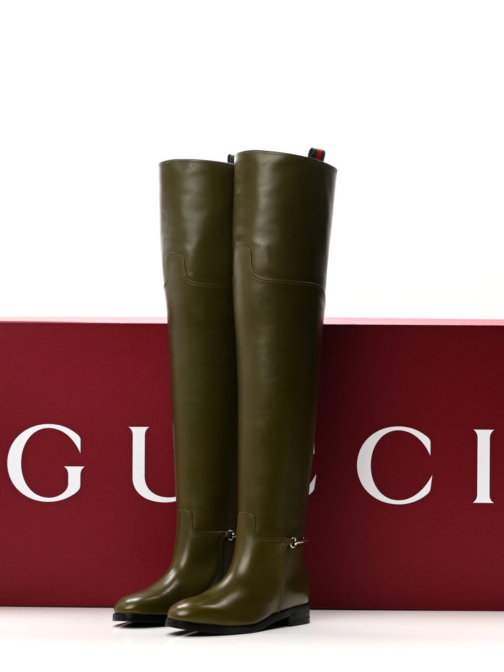 Gucci Olive Green Leather Over-the-Knee Boots with Red-Green Signature Tab